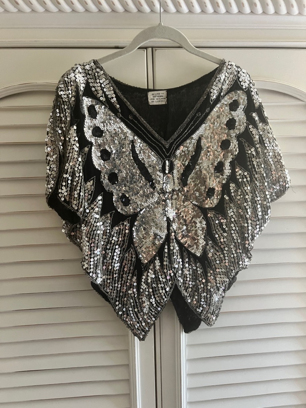 Vintage 80s 100% Silk Sequin Butterfly Poncho Top - Silver & Black
